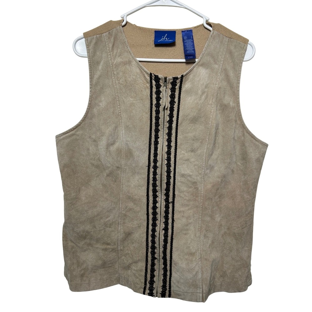Vintage Tan Suede Knit Back Embroidered Zip Front Vest‎ Boho Western Rustic L